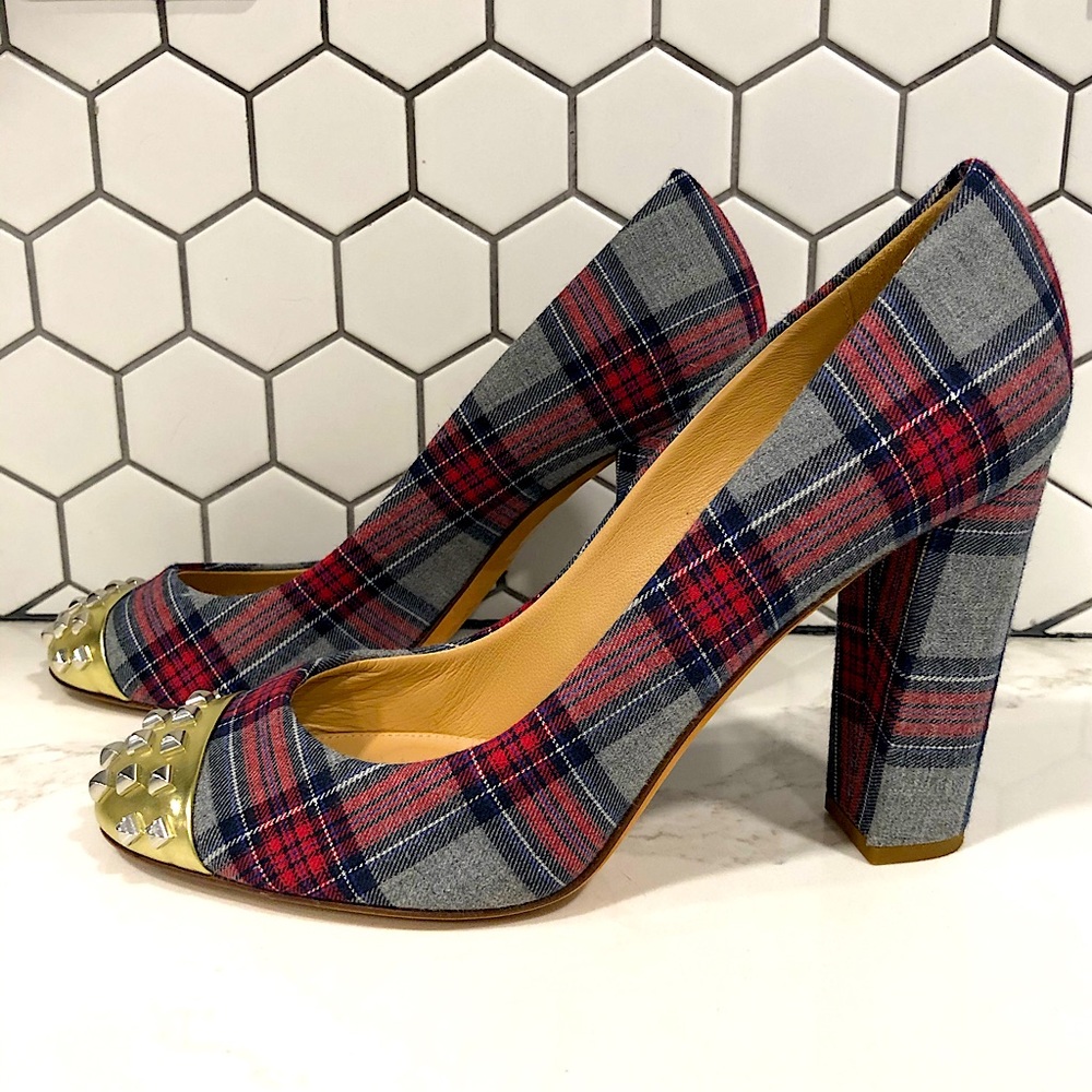 J. CREW | ETTA PLAID STUDDED CAP PUMPS